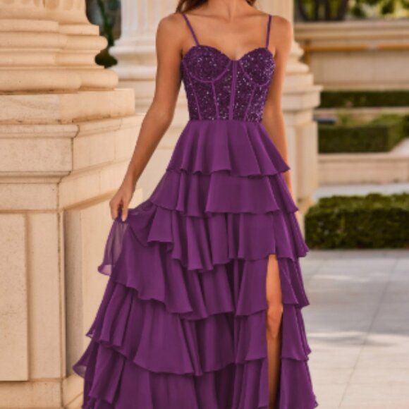 A-line Sweetheart Chiffon Sweep Train Prom Dress with Ruffles Sequins Split - Picture 1 of 4